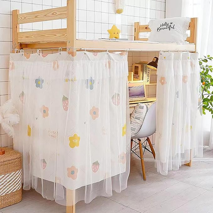 Beautiful Gauze Bunk Bed Curtains Drapes with Lace Privacy Bed Canopy for Bottom, 2 Panels, Flower Strawberry