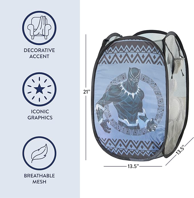 Idea Nuova Marvel Black Panther Pop Up Hamper with Durable Carry Handles, 21'' H x 13.5'' W X 13.5'' L