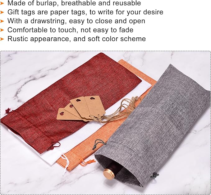 uxcell Burlap Wine Bags with Drawstrings, 12Pcs Wine Gift Bags Reusable Wine Bottle Bags with Ropes and Tags for Wedding, Birthday, Travel (14 x 6.3 In, Light Purple)