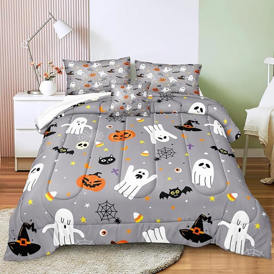 Bedbay Cartoon Pumpkin and Ghost Queen Comforter Set Halloween Cute Bedding Sets for Kids Boys Teen 4 Pcs Soft Lightweight Comforter Set with 1 Cushion Cover(Grey,Queen)