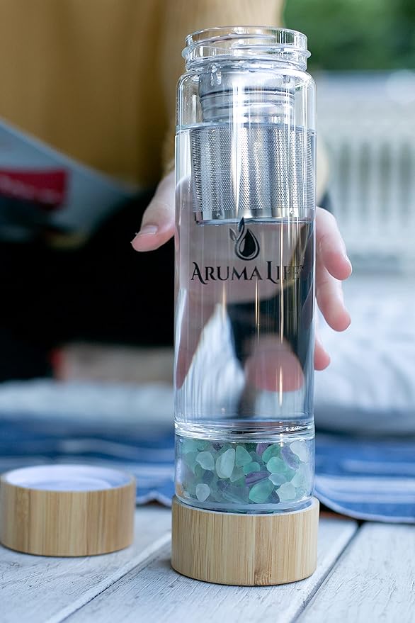 Crystal Water Bottle plus Loose-Leaf Tea/Fruit Infuser, Safe for Hot and Cold Drinks, Eco-friendly Plus BONUS Protective Sleeve & Extra Set of Crystals Coloured Fluorite & Yellow Jasper