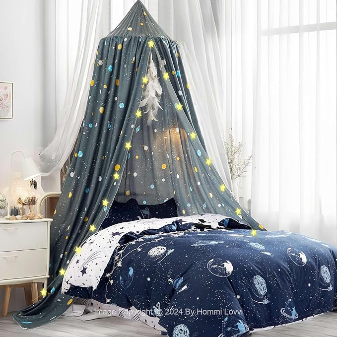 Space Rockets Print Kids Bed Canopy, Girls Princess Bed Canopy Dreamy Room Decor, Soft Hanging Reading Nook Play Tent Canopy, Extra Large Full Size Bed Canopy with String Light