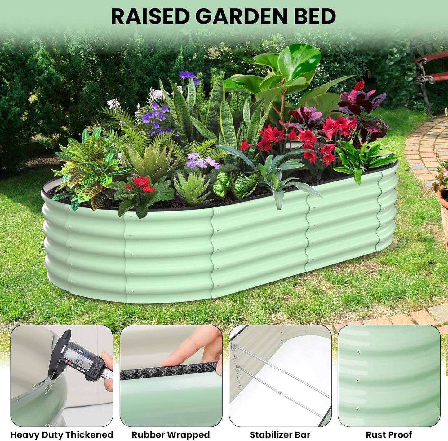 2 Pcs 6x3x1.5ft Oval Raised Garden Bed, Galvanized Raised Beds,Open-Ended Base Metal Raised Planter Beds,Garden Bed Outdoor,Planter Raised Boxes for Vegetables, Flowers,Tool-Free Asse,Green