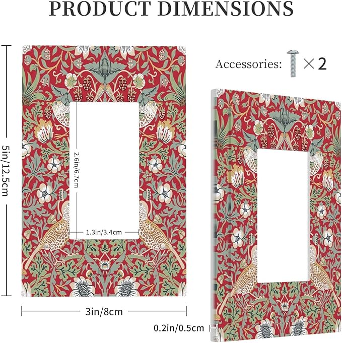 William Morris Strawberry Thief Botanical Red Green 1 Gang Rocker Light Switch Covers Single Decora Outlet Wall Plate Decorative Switchplate Faceplate GFCI for Country Bathroom Bedroom Kitchen Decor