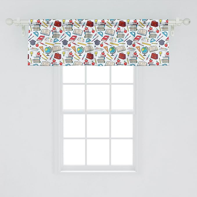 Ambesonne Science Window Valance, Elementary Theme Student Supplies Globe Paints and Brushes Books, Curtain Valance for Kitchen Bedroom Decor with Rod Pocket, 42" x 18", Multicolor