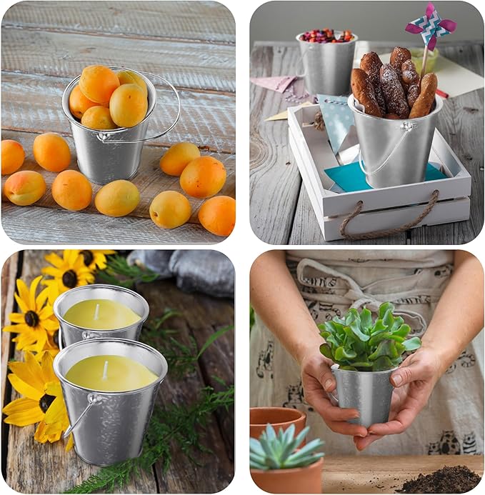 Small Metal Buckets with Handle 12 Pcs – Galvanized Bucket Leak Proof & Rust Resistant 8 fl oz Capacity - Best for Party Décor, Organizing & Decorating Classrooms (Mini 3.3" Top, Silver)