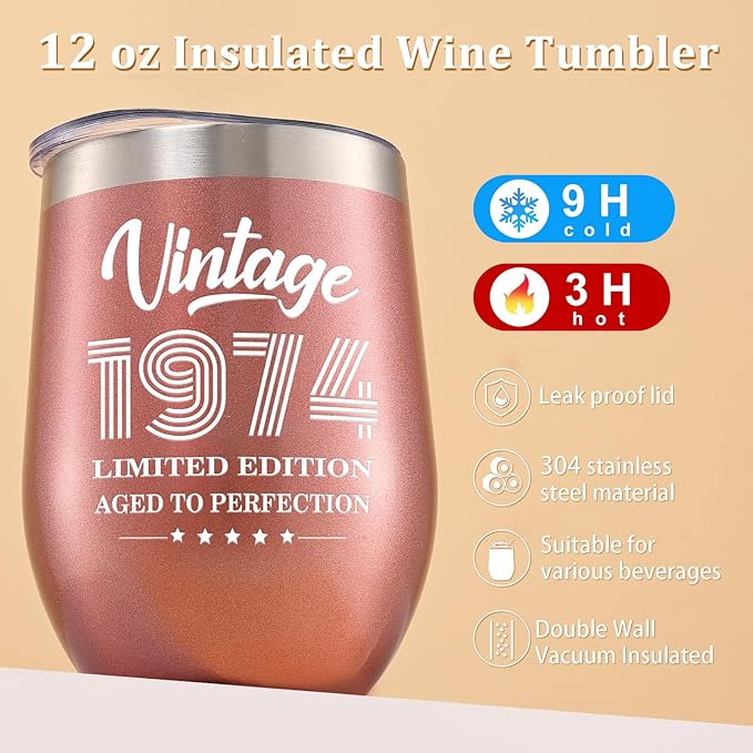 Lifecapido 50th Birthday Gifts for Women, Vintage 1974 Limited Edition Insulated Wine Tumbler with Wine Bag, 50 Year Old 50th Birthday Presents Christmas Gifts for Mom Grandma Wine Lover, 12 oz