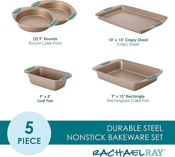 Rachael Ray Cucina Nonstick Cookware Pots and Pans Set, 12 Piece, Cranberry Red & Cucina Bakeware Set Includes Nonstick Bread Baking Cookie Sheet and Cake Pans, 5 Piece