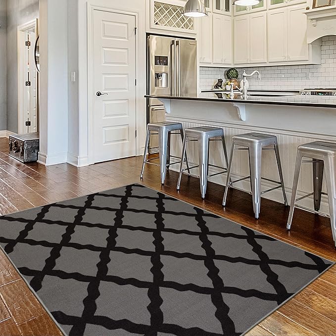 Ottomanson Glamour Collection Non-Slip Rubberback Moroccan Trellis Design 5x7 Indoor Area Rug, 5' x 6'6", Dark Gray