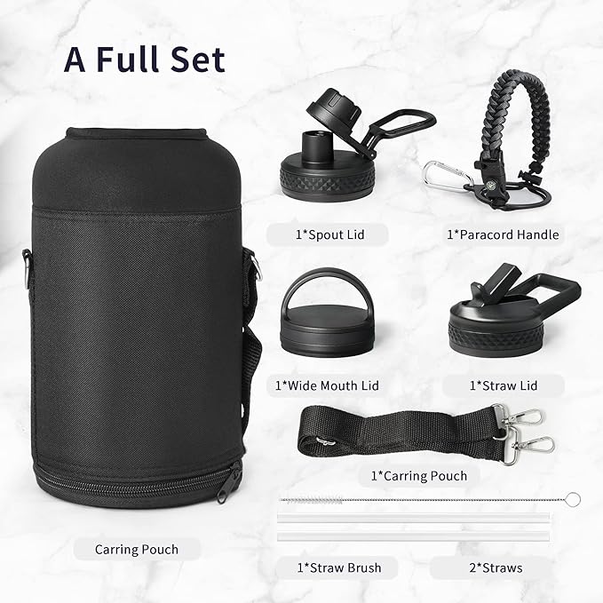 Trebo One Gallon Water Bottle Insulated with Paracord Handle,128oz Stainless Steel Sports Large Jug Food-grade Double Wall Vacuum with Straw Spout Handle Lids, Leakproof Keep Cold & Hot, Dark Gray