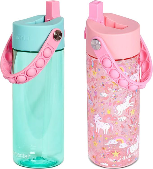 Elemental Leak Proof Water Bottles for Kids - Splash Kids Water Bottle for School with Fun Fidget Pop-it Handle - Tritan Plastic Water Bottle with Straw - Pink Unicorn & Robins Egg - 18oz (2 Pack)