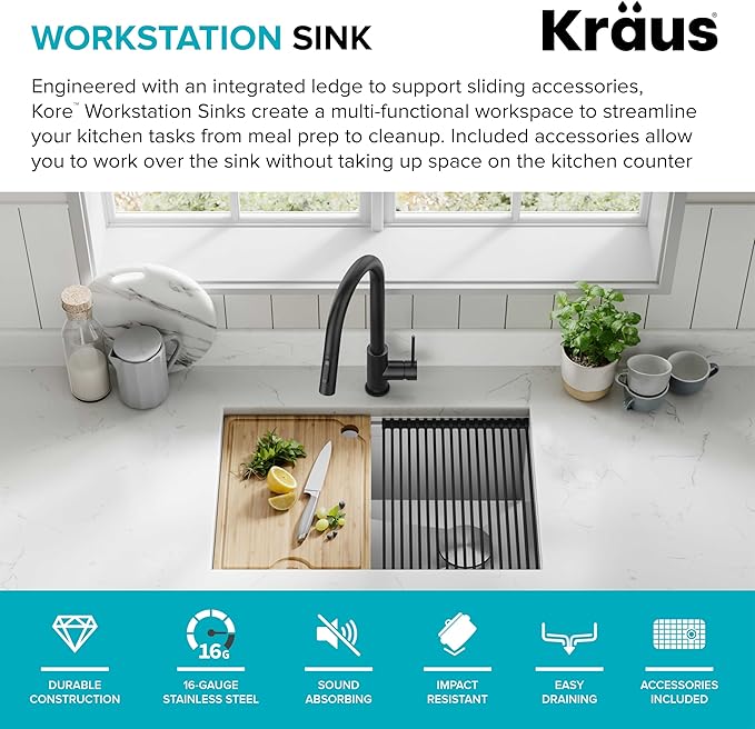KRAUS KWU110-27 Kore Workstation 27-inch Undermount 16 Gauge Single Bowl Stainless Steel Kitchen Sink with Integrated Ledge and Accessories (Pack of 5)