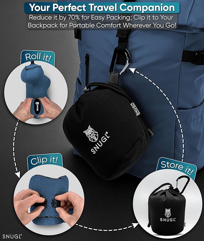 SNUGL Neck Travel Pillow - Memory Foam Airplane Pillow - Flight Pillow | Neck Support Travel Pillow with Carry Bag & Clip | Neck Pillows for Sleeping Travel Plane | Flying Travel Essentials - Blue