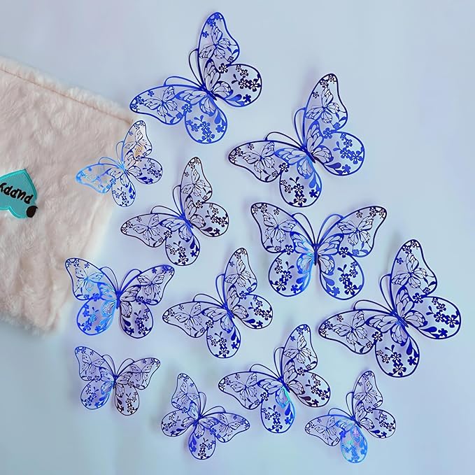3D Butterfly Wall Decor 3 Sizes 4 Styles, Kurilai 48Pcs Butterfly Decorations Party Birthday Cake Decoration, Removable Wall Stickers for Kids Nursery Wedding Bedroom Room Decor (Blue)
