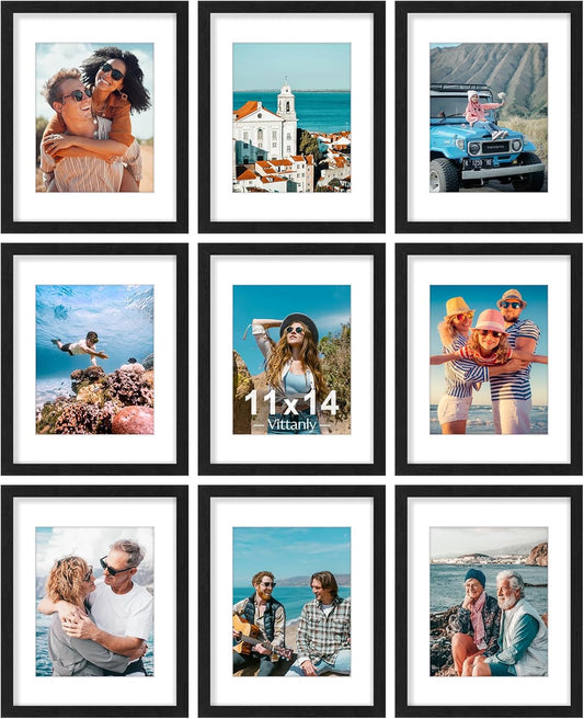 Vittanly 11x14 Picture Frames Set of 9, Shatter Resistant Plexiglass, Display 8x10 Pictures with Mat or 11x14 without Mat, Photo Frames for Wall or Tabletop, Engineered Wood, Black