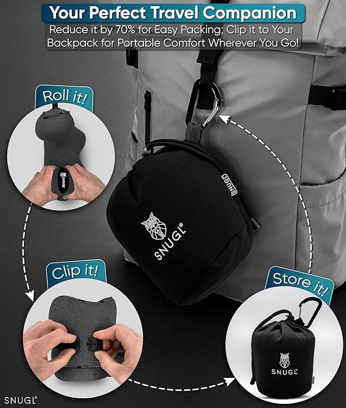 SNUGL Neck Travel Pillow - Memory Foam Airplane Pillow - Flight Pillow | Neck Support Travel Pillow with Carry Bag & Clip | Neck Pillows for Sleeping Travel Plane | Flying Travel Essentials, Dark Grey