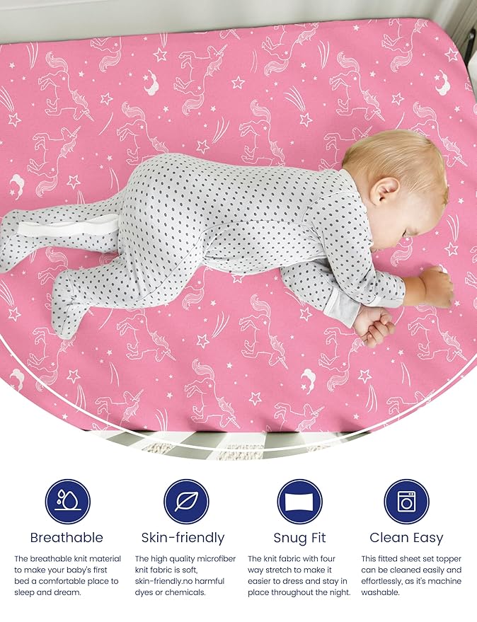 TotAha Premium Soft Unicorn Pack n Play Sheets, Super Stretchy Jersey Knit Mini Crib Sheets Fitted, Silky Comfort Graco Pack and Play Mattress Sheets, 2 Pack
