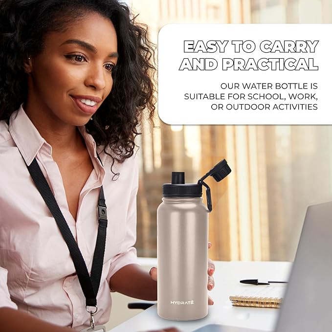 HYDRATE Insulated Stainless Steel Water Bottle - Large Reusable Flask with Leak-Proof Design and Convenient Handle - Double Vacuum Insulation for School, Work, or Adventure