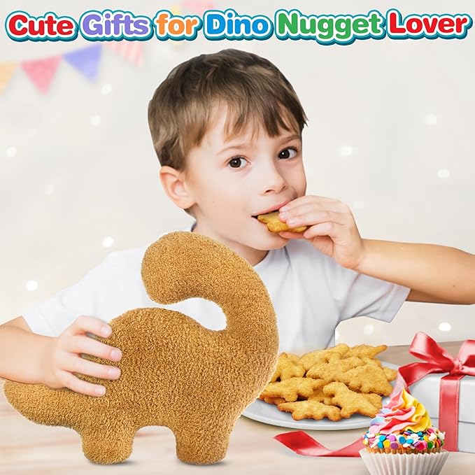Dino Nuggets Pillow, Dinosaur Chicken Nuggets Plush Funny Gifts for Teen Boys Girls, Fun Throw Pillows Cute Room Decor for Teens Dinosaur Gifts (Small, Brontosaurus Style 2)