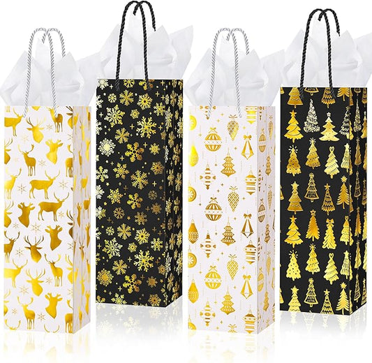 Harloon 32 Pack Christmas Wine Gift Bags Bulk Holiday Wine Bottle Bags with Handles Tissue Paper Metallic Foil Champagne Gift Bags with 4 Designs for Winter Wine Gift Banquet Birthday (Black, Gold)