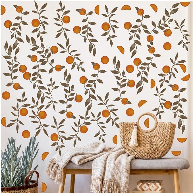 Orange Leaf Wall Stickers Boho Fruit Leaf Wall Stickers Removable Botanical Vintage Fruit Wall Decals Citrus Green Leaves Orange Wall Stickers for Nursery Kids Room Bedroom Kitchen Decor