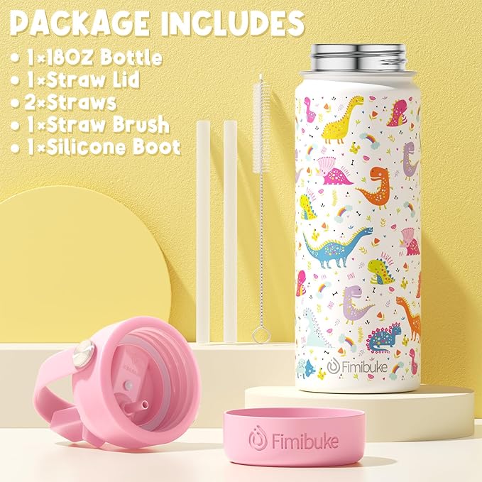 Fimibuke Kids Insulated Water Bottle -18oz BPA-FREE 18/8 Stainless Steel Kid Cup with Straw Travel Tumbler Double Wall Vacuum Leak Proof Toddler Water Bottle for School Boy Girl(1 Pack,White Dinosaur)