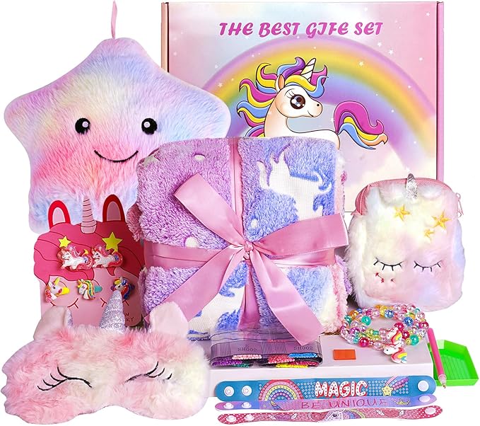 Unicorn Gifts for Girls 3 4 5 6 7 8 Years Old, Unicorn Toys with Plush Light Up Star Pillow Blanket Diamond Art Bracelet Graduation Birthday Gifts for Girls