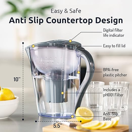 pH Restore Alkaline Water Pitcher - Long Lasting Water Filter Pitcher with Multi-Stage Filtration System - Water Jug for High pH, Pure Drinking Water - 3.5 L / 118 Oz - Grey
