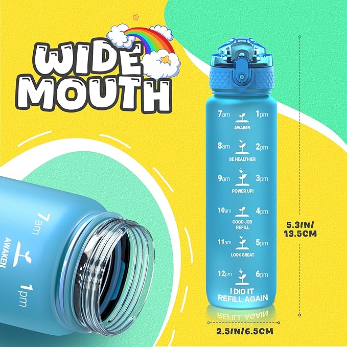 OLDLEY Kids Water Bottle for School, 17 oz (Straw Lid) BPA-Free Reusable Leak-proof Durable Tritan Plastic Water Bottles with One-handed Opening Straw Lids, Anti-dust Spout Cover (Blue)