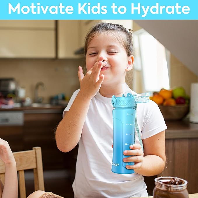 OLDLEY Kids Water Bottle for School with Straw Chug Lid, 15 oz Unbreakable Leak-Proof BPA-Free Motivational Water Bottles with Time Marker for Travel Sports Gym, Green Blue