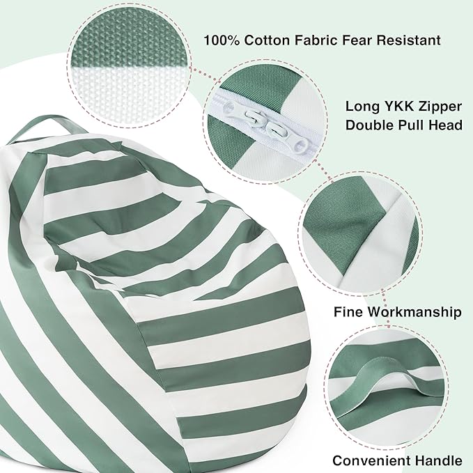 EXQ Home Kids Bean Bag Chairs Cover -Stuffed Animal Bean Bag Storage Green and White Stripes-Zipper Bean Bag for Organizing Children Plush Toys Holiday Gift for Girl,Boys (2XL)