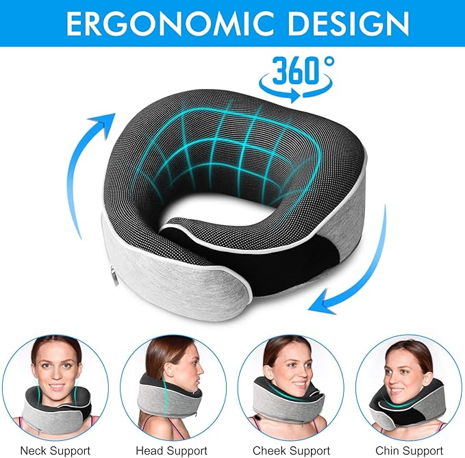 Travel Pillow,Upgraded 100% Memory Foam Neck Pillow for Traveling,Ergonomic Design Soft Best Flight Pillow,Neck Pillow Airplane Kit with 3D Contoured Eye Masks,Earplugs and Luxury Bag (Grey)