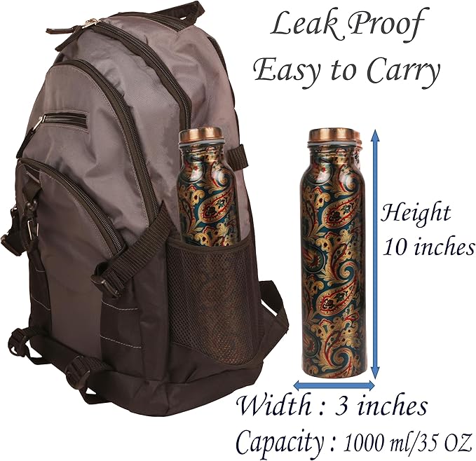Pure Copper Water Bottle - Handcrafted - Ayurveda Health Benefits -Paisley Floral Prints 35 OZ - Leak proof - Easy to carry For Sports, Fitness, Yoga, School - Vintage Enamel.