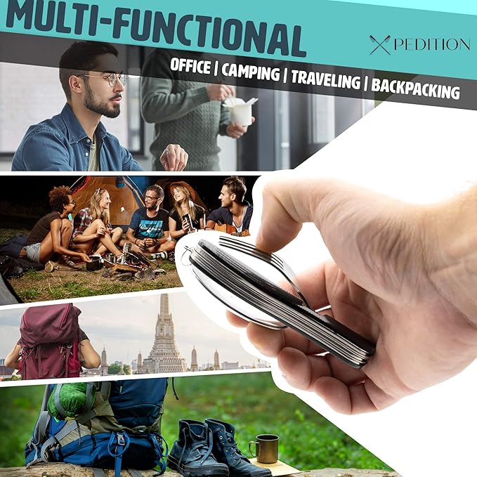 Collapsible Water Bottle, Stainless Steel Fork Knife Spoon Bottle Opener Travel Cutlery, Flat Folding Camping silverware utensils, Lunch Cutlery, Survival Gear, Flatware Tableware - Hiking Equipment