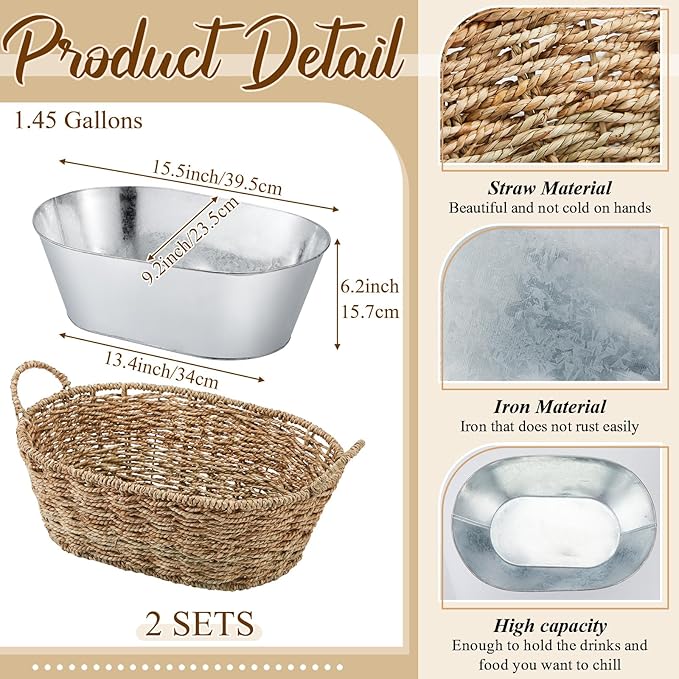 Domensi 2 Pcs Small 3 Gallons Ice Bucket with Wicker Outer Basket Handle Beverage Tub Grass Rope Woven Farmhouse Galvanized Bucket for Party Seaside Bar Buffet Wine Beer Bottle, 15.5 x 9.2 x 6.1 in