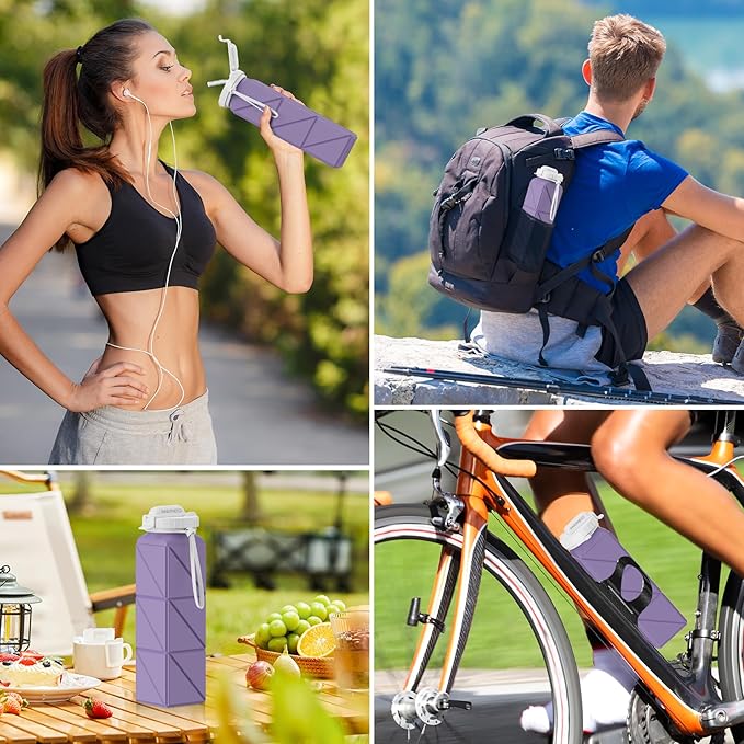 INNERNEED Collapsible Drinking Water Bottle with Straw, Reuseable Leakproof BPA Free Silicone Foldable Sports Gym Bottle, with Carrying Strap (1pack, Purple)