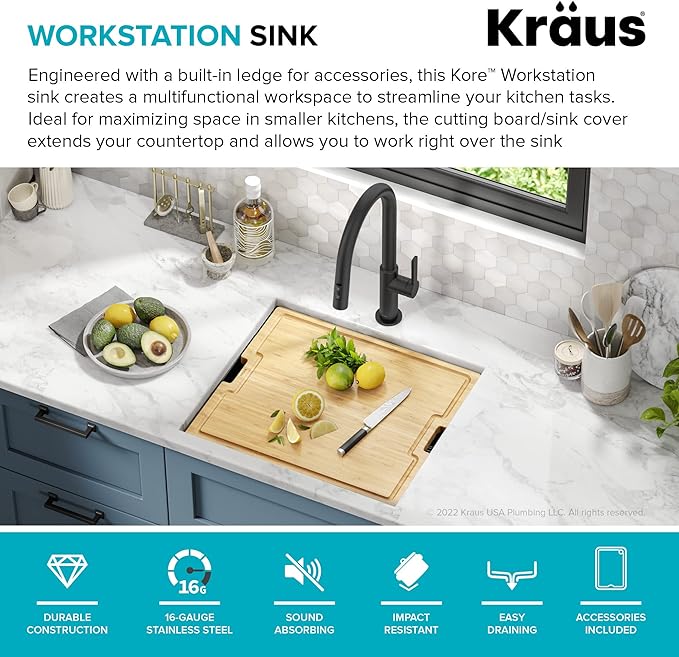 KRAUS Kore 21 Inch Undermount Workstation 16 Gauge Stainless Steel Single Bowl Kitchen Sink n PVD Gunmetal Finish with Accessories, KWU1101-21-PGM