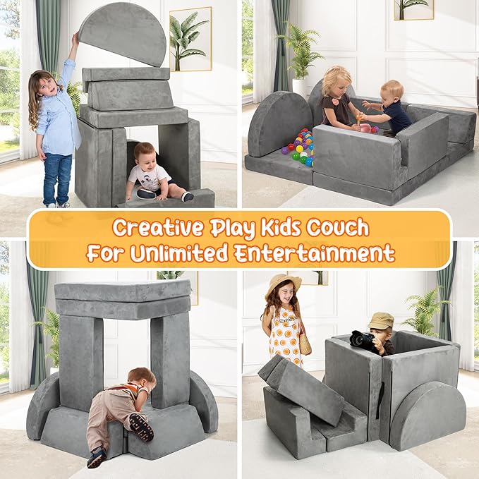 MMBABY 10 pcs Modular Kids Play Couch, Child Sectional Sofa, Fortplay Bedroom and Playroom Furniture for Toddlers, Convertible Foam and Floor Cushion for Boys and Girls
