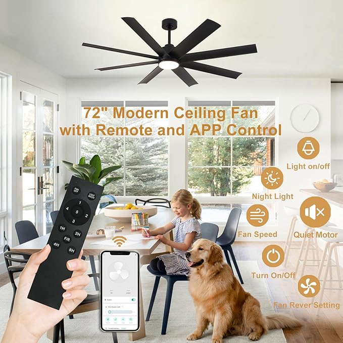 Depuley 72" Large Ceiling Fans with Lights and Remote App, Industrial Ceiling Fan for Kitchen Living Room Covered Patio, 5-Speed Reversible DC Motor, 3 CCT Dimmable LED Lighting, 8 Blades, Timer