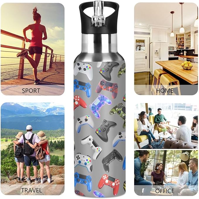 Gamer Gaming Weapon Gamepad Stainless Steel Water Bottle with Straw Lid - 20 Oz Sports Insulated Water Bottle Thermos for Sport Gym Outdoor Travel School (DZ003)
