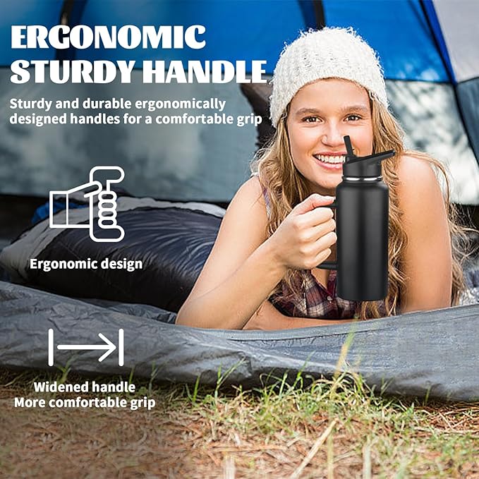 32oz Insulated Water Bottle with Handle, Stainless Steel Sports Metal Water Flask with Straw & 2 Leak Proof Lids, Double Walled Vacuum Wide Mouth Water Bottle for Travel, Camping, Gym Sports (Black)