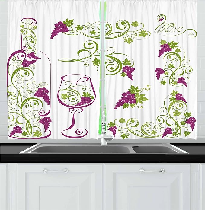 Ambesonne Wine Kitchen Curtains, Wine Bottle and Glass Grapevines Lettering with Swirled Branches Lines, Window Drapes 2 Panel Set for Kitchen Cafe Decor, 55" x 30", Lime Green