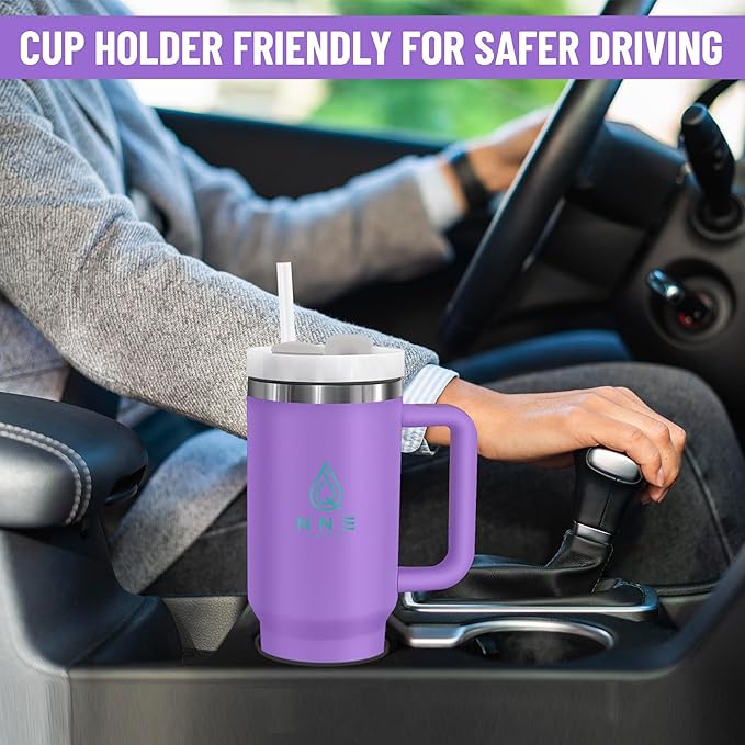 40oz stainless Steel Insulated Tumbler with Handle, lid and straw for cold water, Iced tea, or coffee - 100% Leak-Proof - Cupholder Friendly Travel Mug- Gifts for Women Men Him Her (Purple)