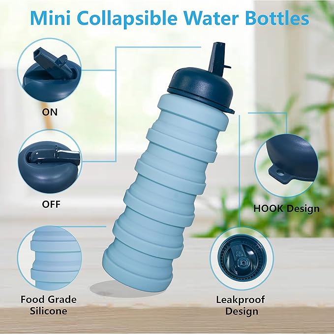 Collapsible Water Bottles, 16 oz 500ml Portable Foldable Water Bottles, Leak Proof Travel Water Bottle Reusable BPA Free Silicone Water Bottles for Travel Gym Camping Hiking (2 Pack Blu)