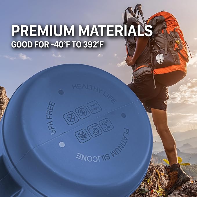 Collapsible Water Bottle for Traveling, Workout or Hiking 64oz Gen 2.0 - Motivational Water Bottle with Time Markings - Half Gallon / 2 L Capacity - BPA Free & Dishwasher Safe (Deep Blue + Filter)