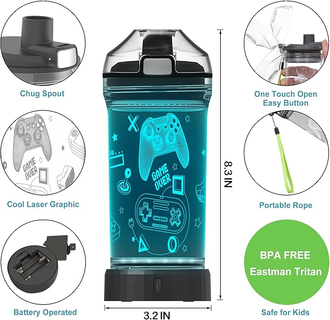 Kids Water Bottle with Video Game Design 3D Glowing LED Light-Tritan BPA Free,Perfect for Back-to-School Season, Girls, Boys, Kids, Holiday Camping, Picnic Gifts - 14 oz Travel Mug