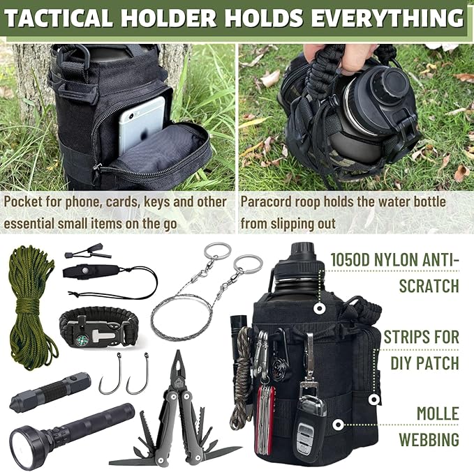 64 Oz Water Bottle with Sleeve - Half Gallon Big Insulated Water Jug with Strap Stainless Steel Gym Water Bottles for Men Sports Workout Hiking All Black