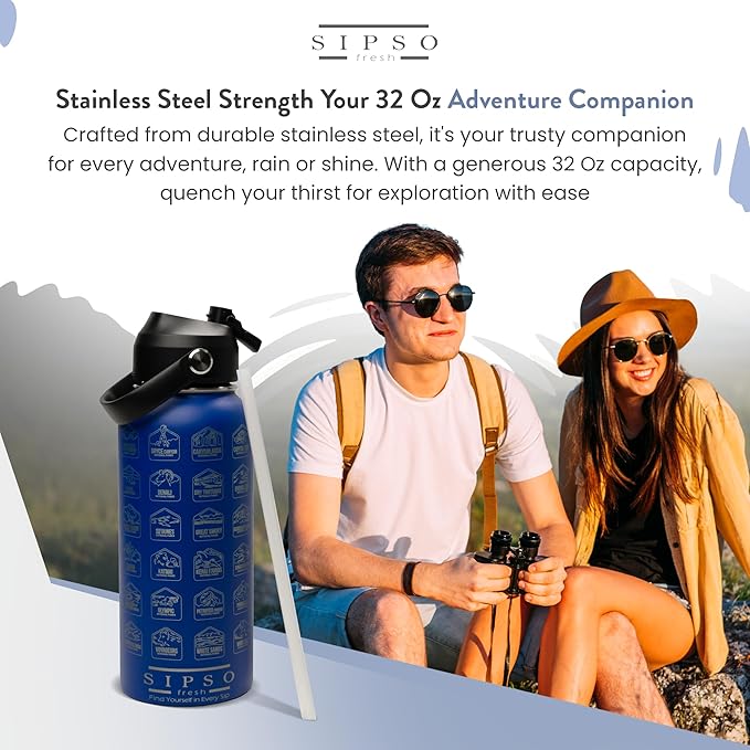 National Parks water bottle with Stickers: Unique 32 oz bottle | Double wall Stainless Steel water bottle | Leak Proof- laser Engraved water Bottle with National Park stickers (Blue)