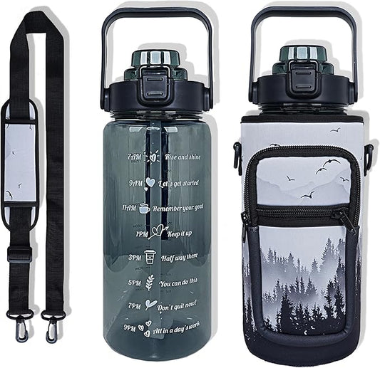 64 oz Water Bottle with Straw Sleeve & Strap Motivational Half Gallon Water Jug with Handle for Gym Women Men Aesthetic Water Bottle with Strap Bird
