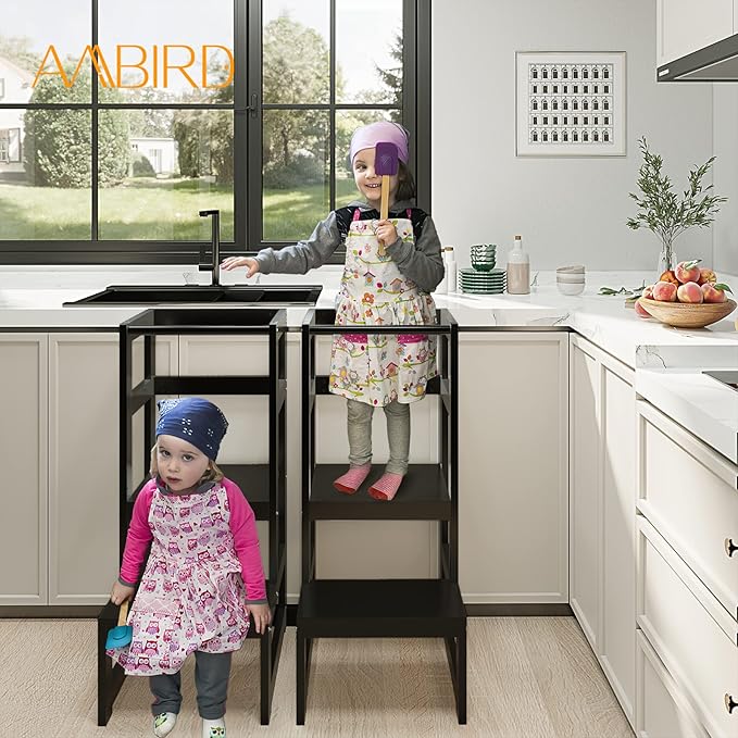 AMBIRD Toddler Step Stool, 3 Adjustable Height Kitchen Step Stool for 18-48 Months Kids, Wooden Toddler Kitchen Stool with Rail & Non-Slip Mat for Kitchen & Bathroom Sink (Black)